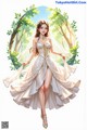 A woman in a wedding dress is walking through the woods.