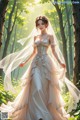 A woman in a wedding dress standing in the woods.