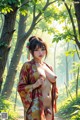 A woman in a kimono standing in the woods.