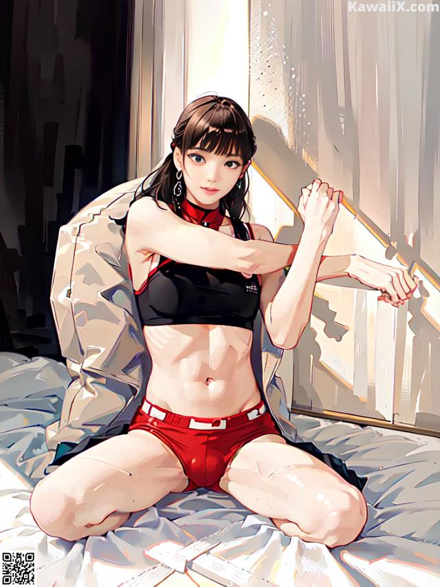 A woman in a red and black bikini sitting on a bed.